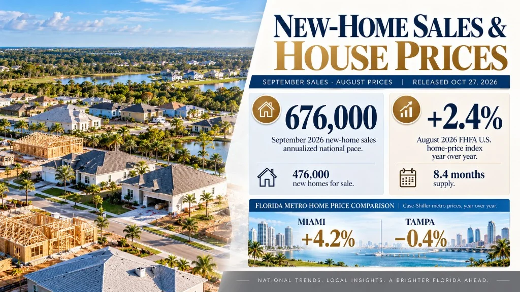 September 2026 new-home sales and August house prices: 676,000 annualized sales, FHFA +2.4 percent year over year, Miami +4.2 percent, Tampa minus 0.4 percent.