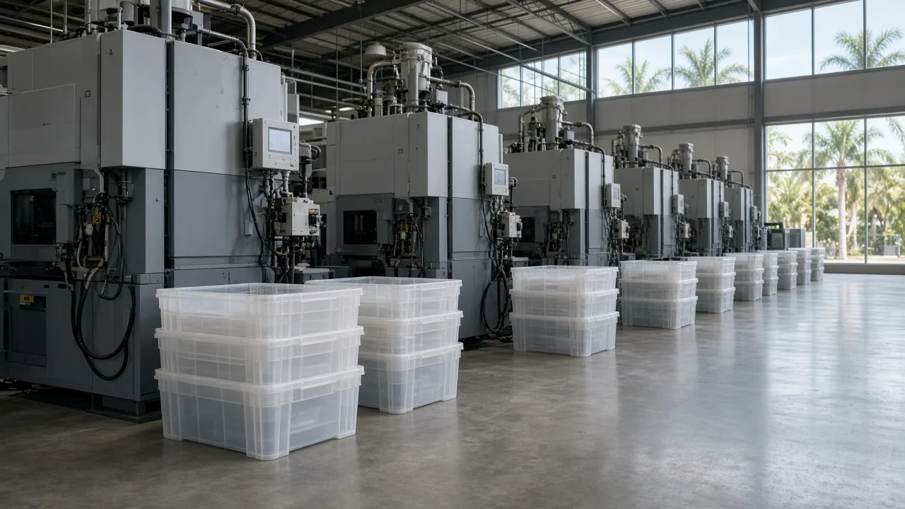 Representational photograph of an unlabeled plastics-manufacturing bay with daylight and palms beyond the glass — not a listed property