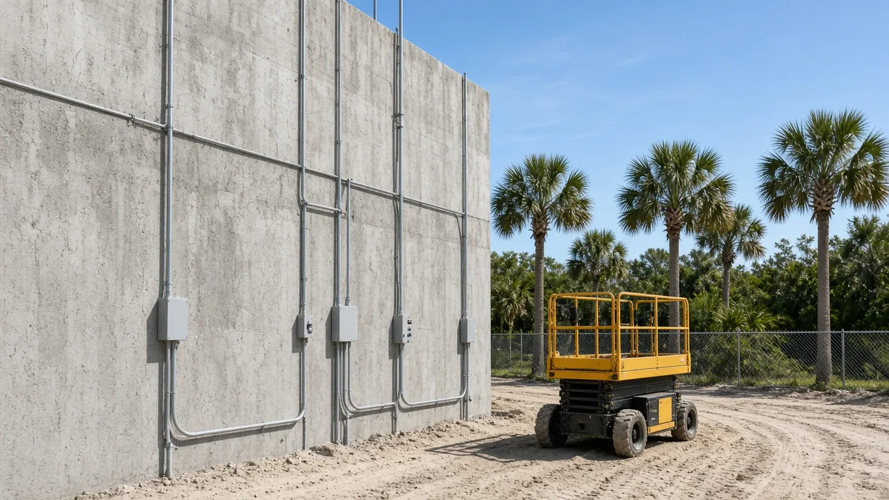 Representational late-morning photograph of conduit on a Florida tilt-wall and a scissor lift on a sandy pad — not a listed property