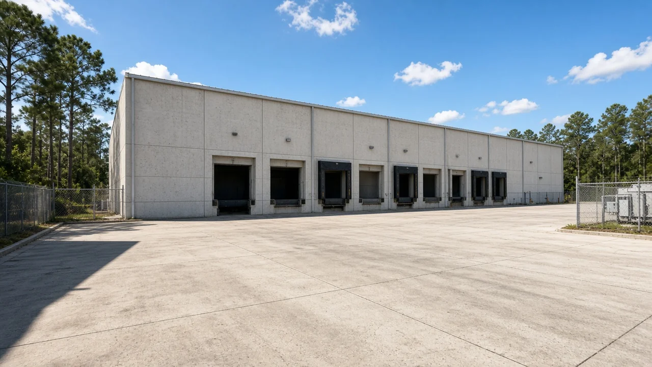 Representational midday photograph of a Florida flex-industrial warehouse and empty truck court — not a listed property