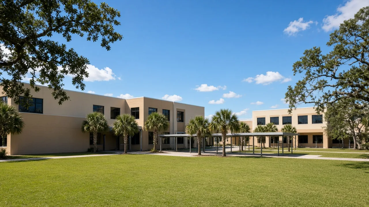 Representational late-morning photograph of a two-story Florida high school courtyard, sabal palms, and a blank canopy walkway — not a listed property