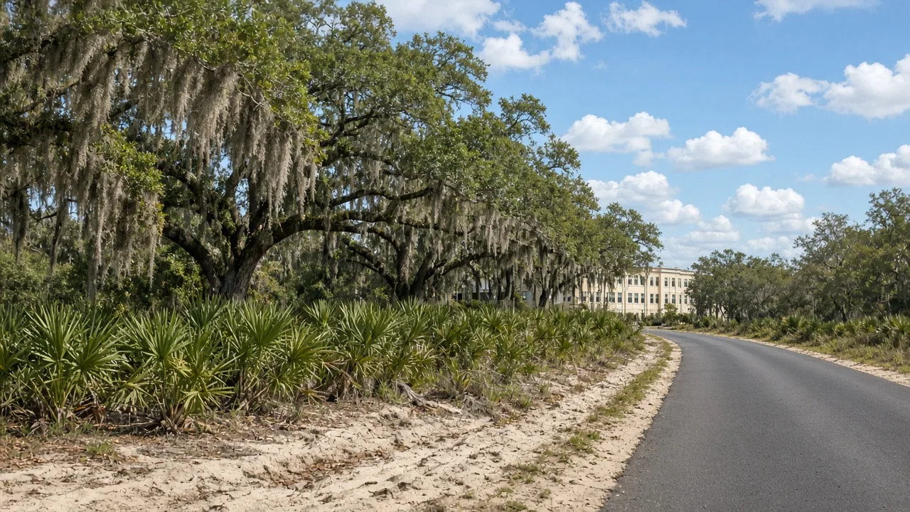 Representational late-morning photograph of live oaks, saw palmetto, and a sandy shoulder along a two-lane road, with a distant campus building — not a listed property