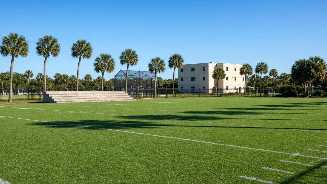 Representational midday photograph of an empty Florida practice field, a blank bleacher, and sabal palms in front of a two-story campus building — not a listed property