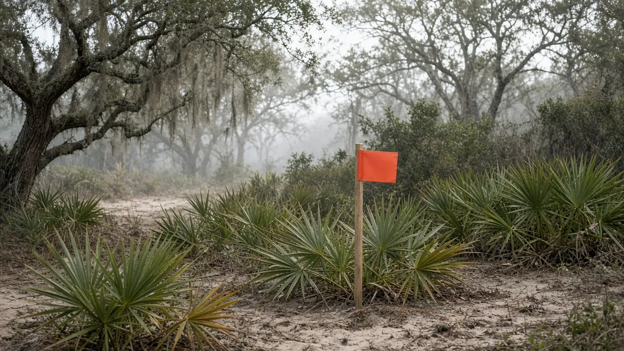 Representational morning photograph of a blank orange survey flag in palmetto under live oaks — not a listed property