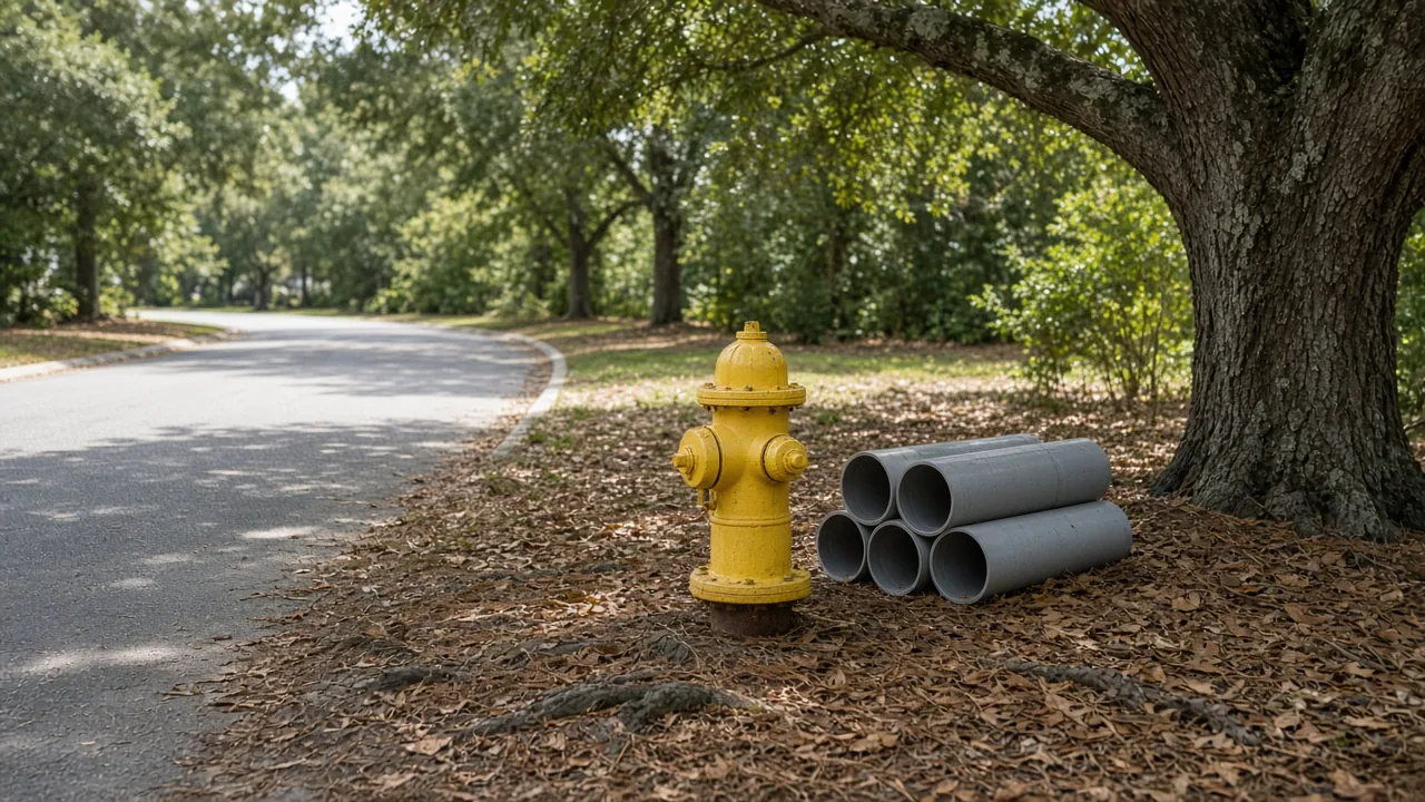 Representational midday photograph of a fire hydrant and PVC pipe on pine straw beside an oak-shaded Florida street — not a listed property