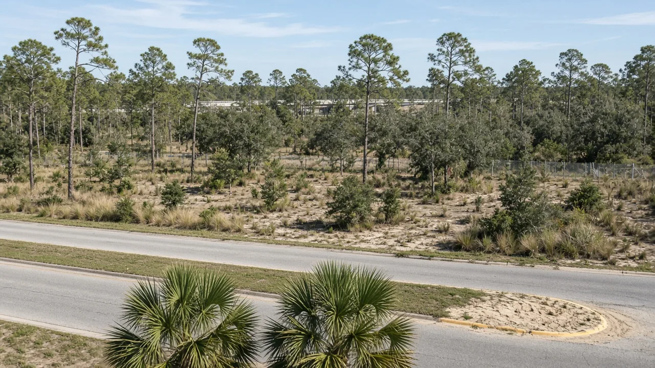 Representational late-morning photograph of a sandy Florida arterial corner, sandhill pines, and a distant parkway overpass — not a listed property