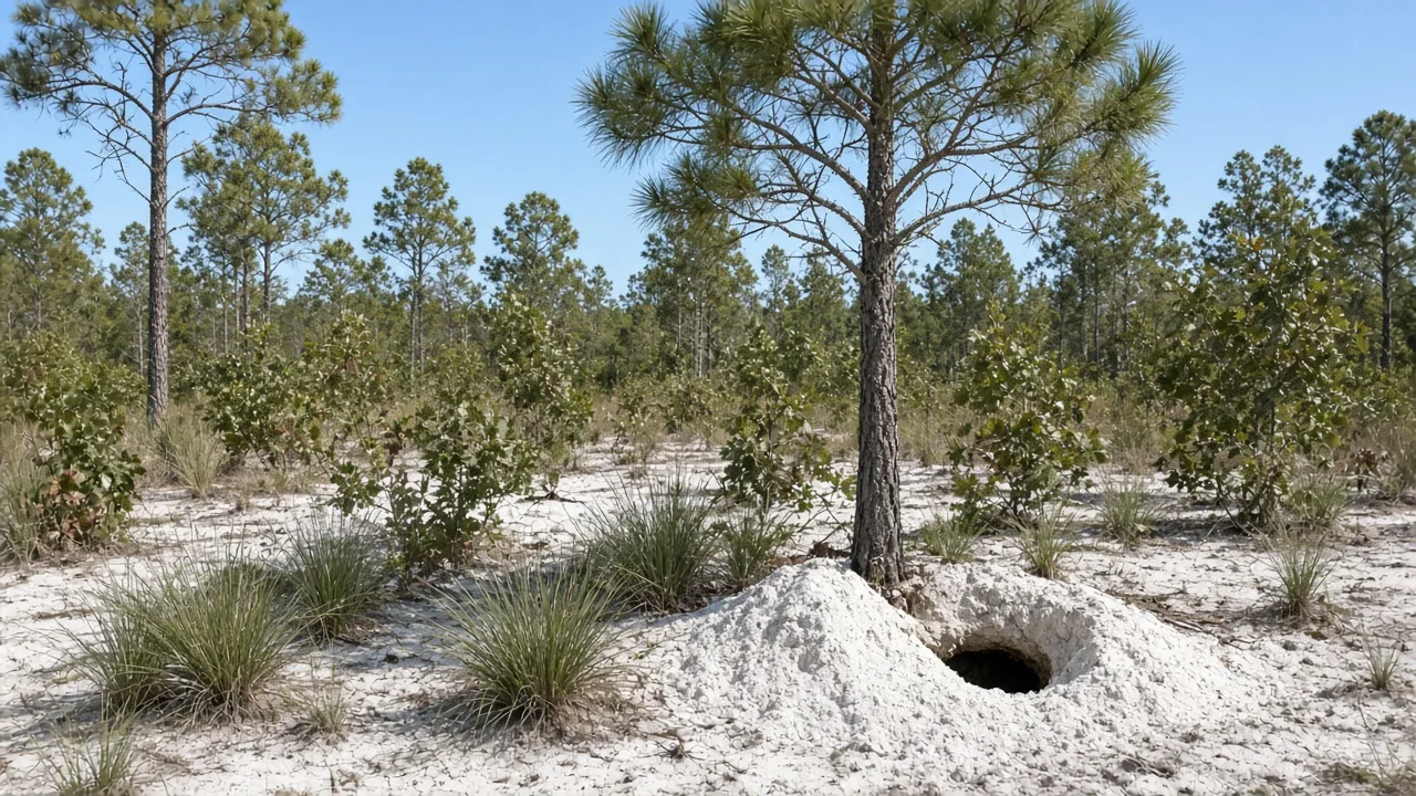 Representational midday photograph of Florida sandhill, longleaf pine, wiregrass, and a pale sand apron at the base of a pine — not a listed property
