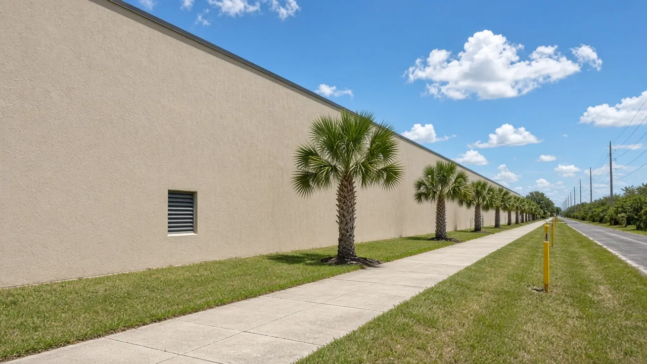 Representational midday photograph of a grassy utility corridor, young sabal palms, and the blank side of a beige stucco building — not a listed property