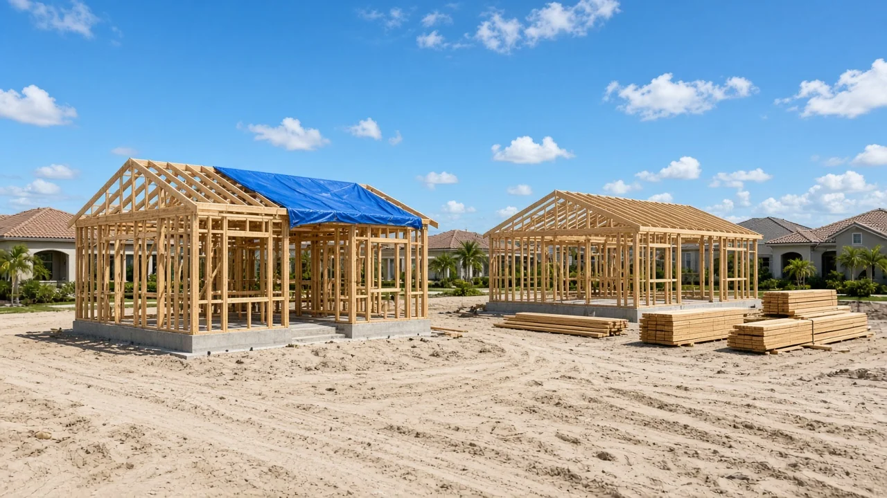 Representational midday photograph of unfinished wood house frames on concrete slabs in a Florida subdivision