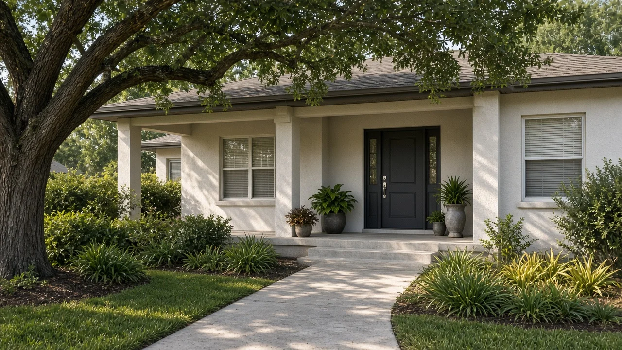 Representational morning photograph of a Florida ranch-house front porch and entry under live oak shade