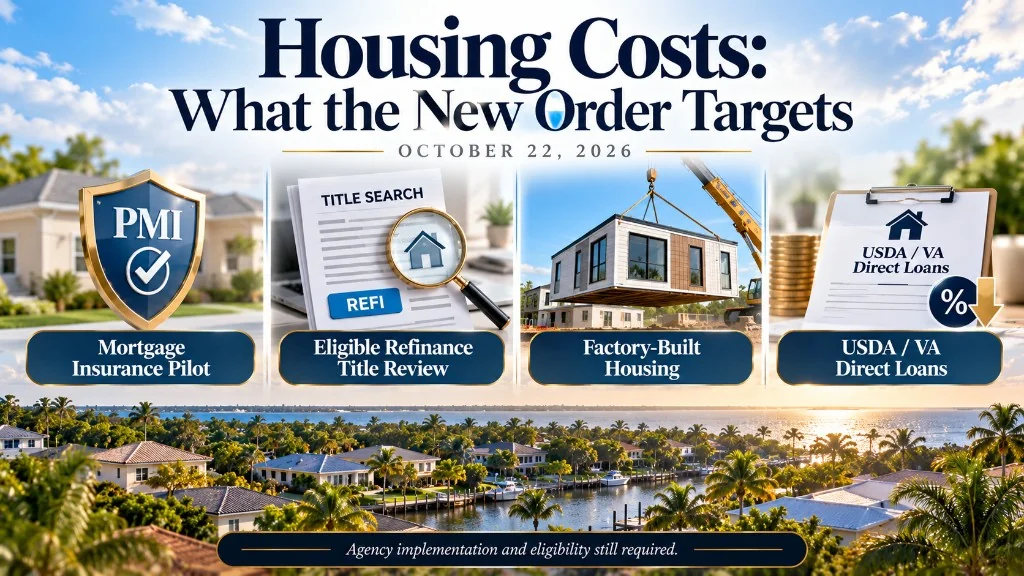 Housing costs: what the new order targets — mortgage insurance pilot, refinance title review, factory-built housing, USDA and VA direct loans.