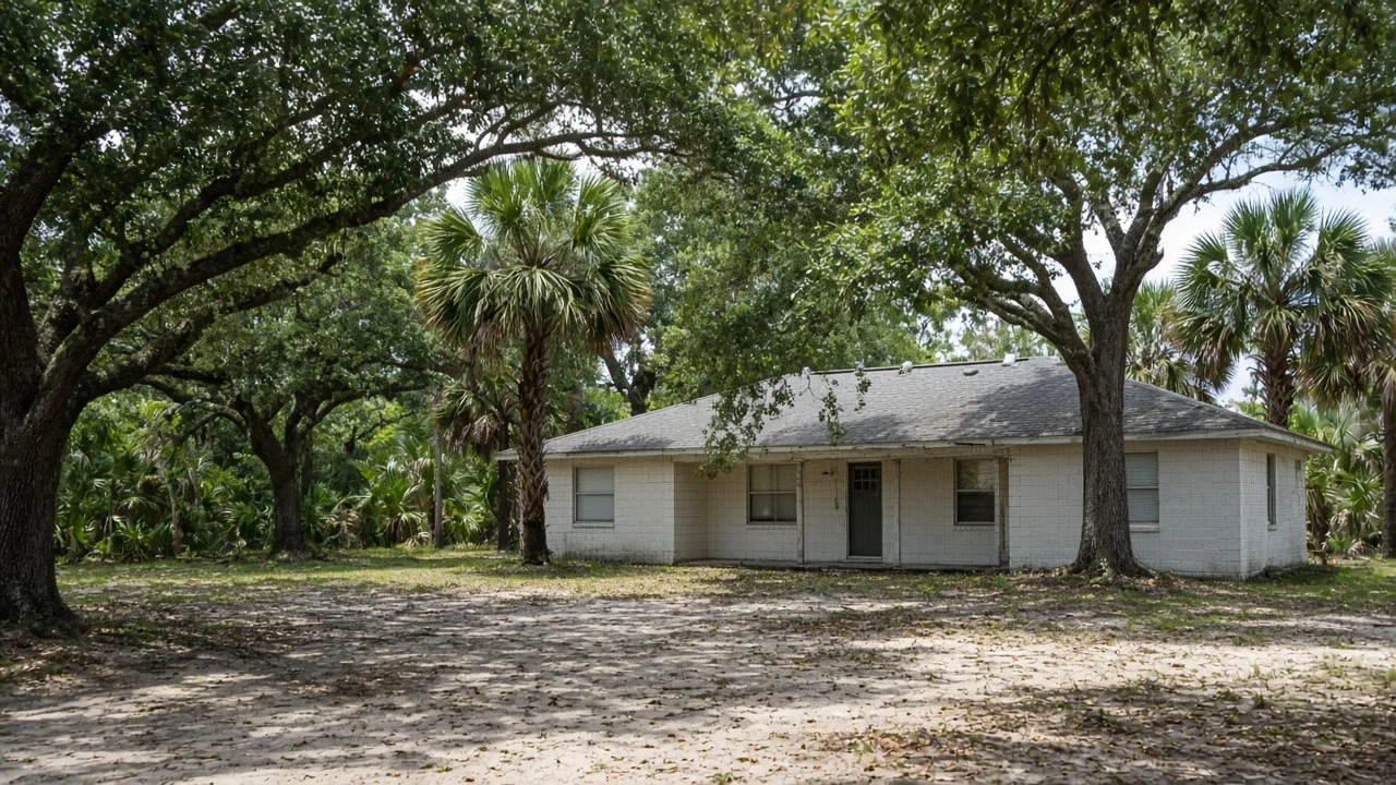 Representational late-morning photograph of an older single-story block house under live oaks on a sandy Florida lot — not a listed property