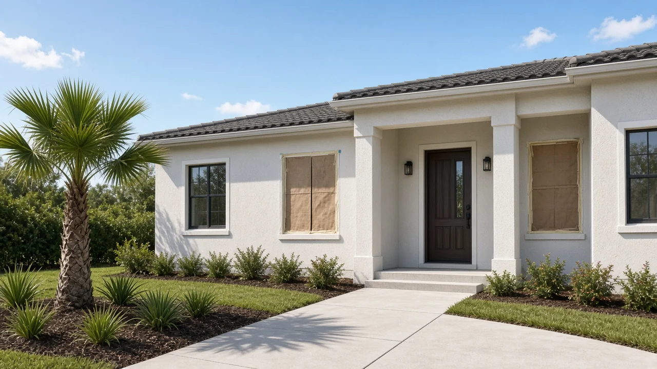 Representational midday photograph of a new Florida stucco house with brown paper still on two windows and a young sabal palm — not a listed property